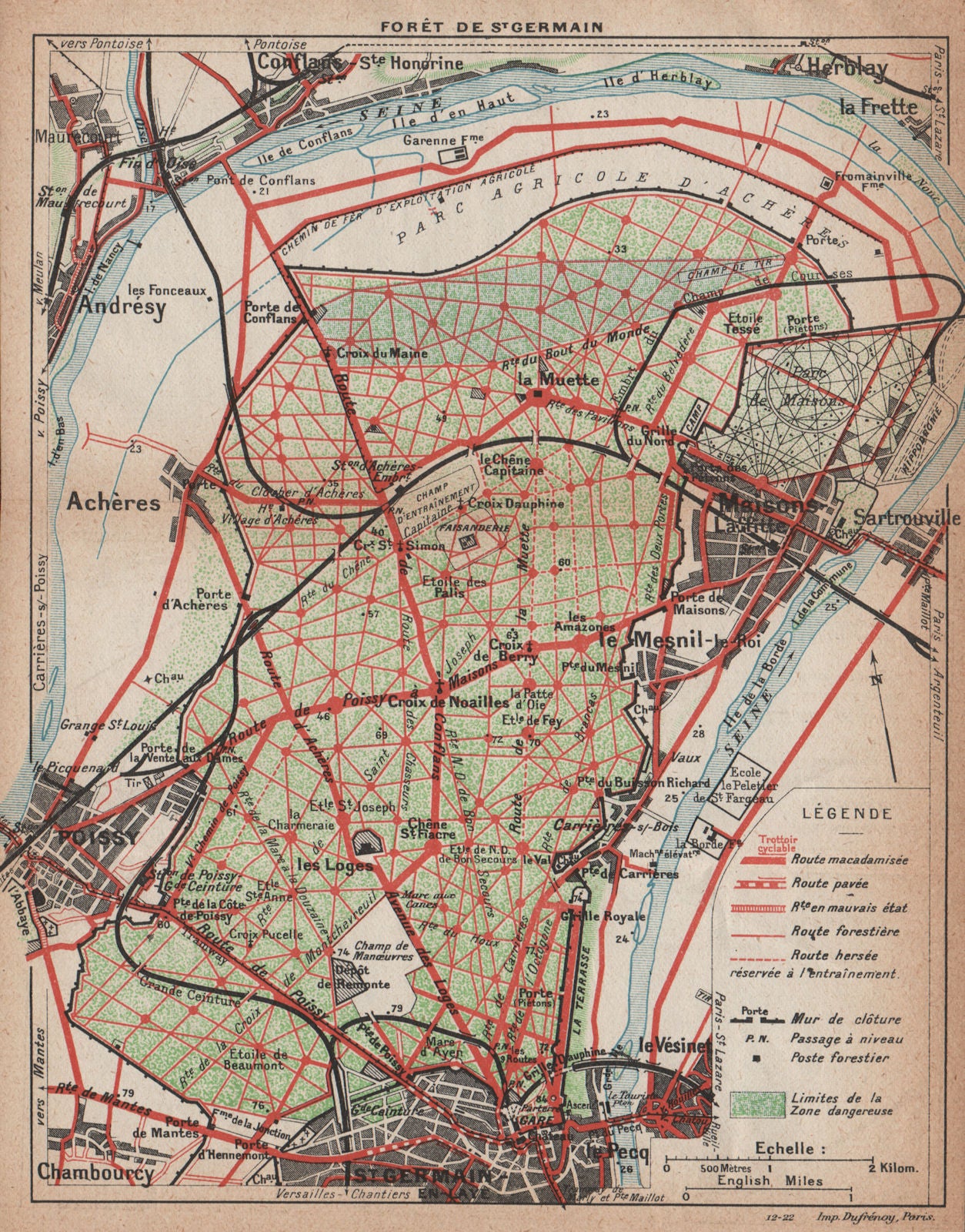 FORÊT DE ST. GERMAIN-EN-LAYE. Vintage map. Poissy Maisons-Lafitte Yvelines 1922